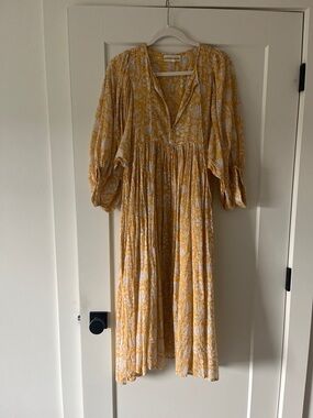 Daughters of India Yellow Floral V-Neck Midi Dress